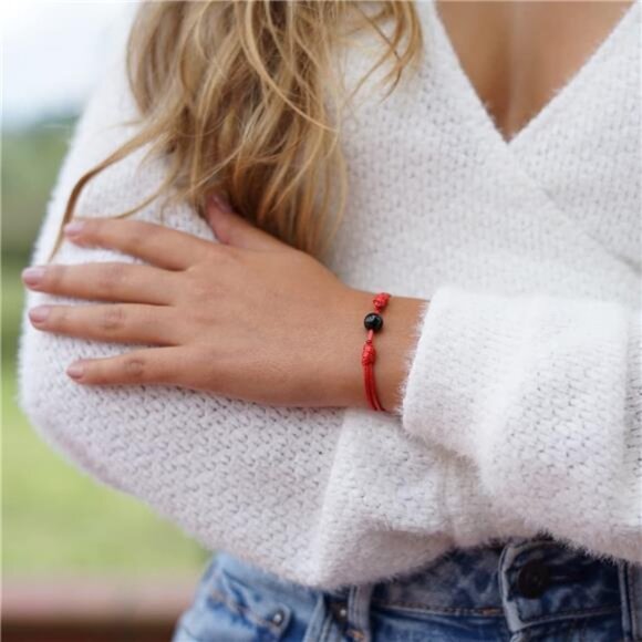 Luck Strings Black Tourmaline Red String Bracelet – Handmade Kabbalah Evil Eye - Picture 3 of 5